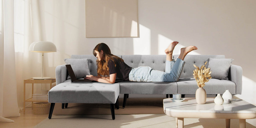 Modern Linen sectional Convertible Sofa Bed L-Shaped Reversible Sleeper Light Grey