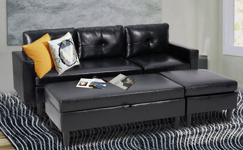 Leather Small Space Black Sectional Sofa Couch Set 3 Seater w/ Chaise & Ottoman 
