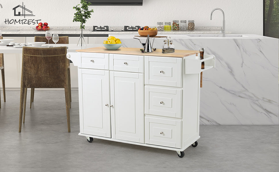 Kitchen Island Rolling Mobile Island with Wooden Countertop for Kitchen White