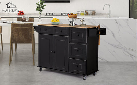 Homrest Kitchen Island Rolling Mobile Island with Wooden Countertop for Kitchen, Black