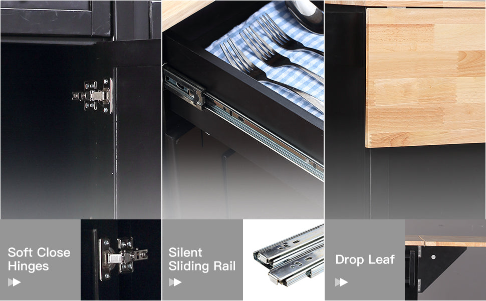 Homrest Kitchen Island Rolling Mobile Island with soft close hinges,silent sliding rail and drop leaf, black