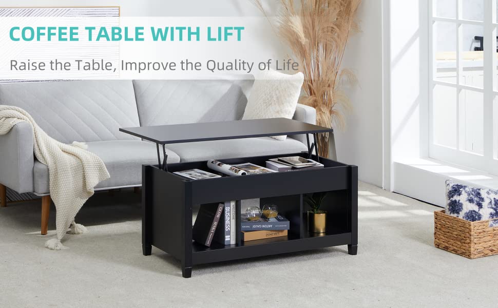 Lift Top Coffee Table, 41" X 19.5" w/Hidden Storage & Open Shelves for Living Room(Black)