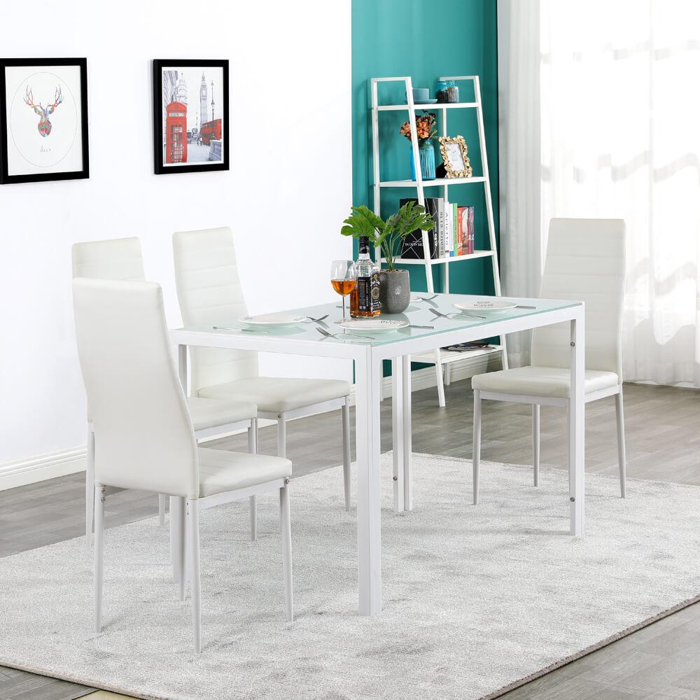 5 Piece Dining Set GlassTable and 4 Leather Chair for Kitchen Dining White