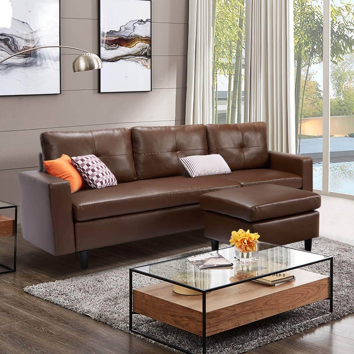 L-Shape Faux Leather Sectional Sofa Convertible Couch for Small Space Apartment, Brown