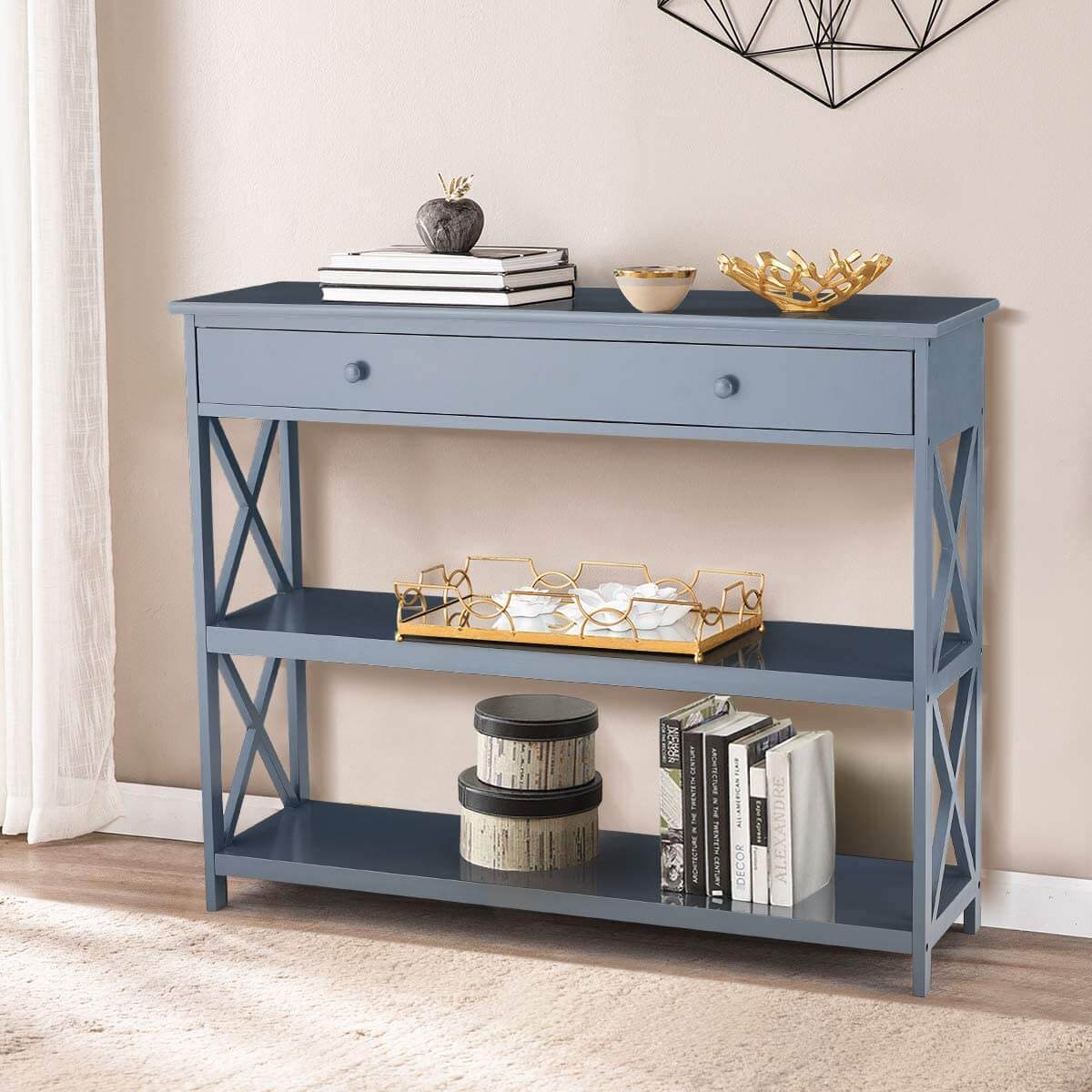 Console Table Entryway Table 3 Tiered Sofa Table Classic X Design with Drawer, Entryway Hall Table, Sofa Tables Narrow Easy Assembly Grey