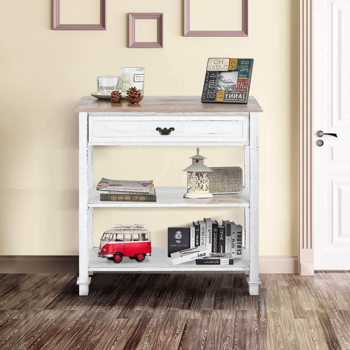 Small White Entry Table, Console Table With Drawers & Opening Shelves, Narrow Hallway Table