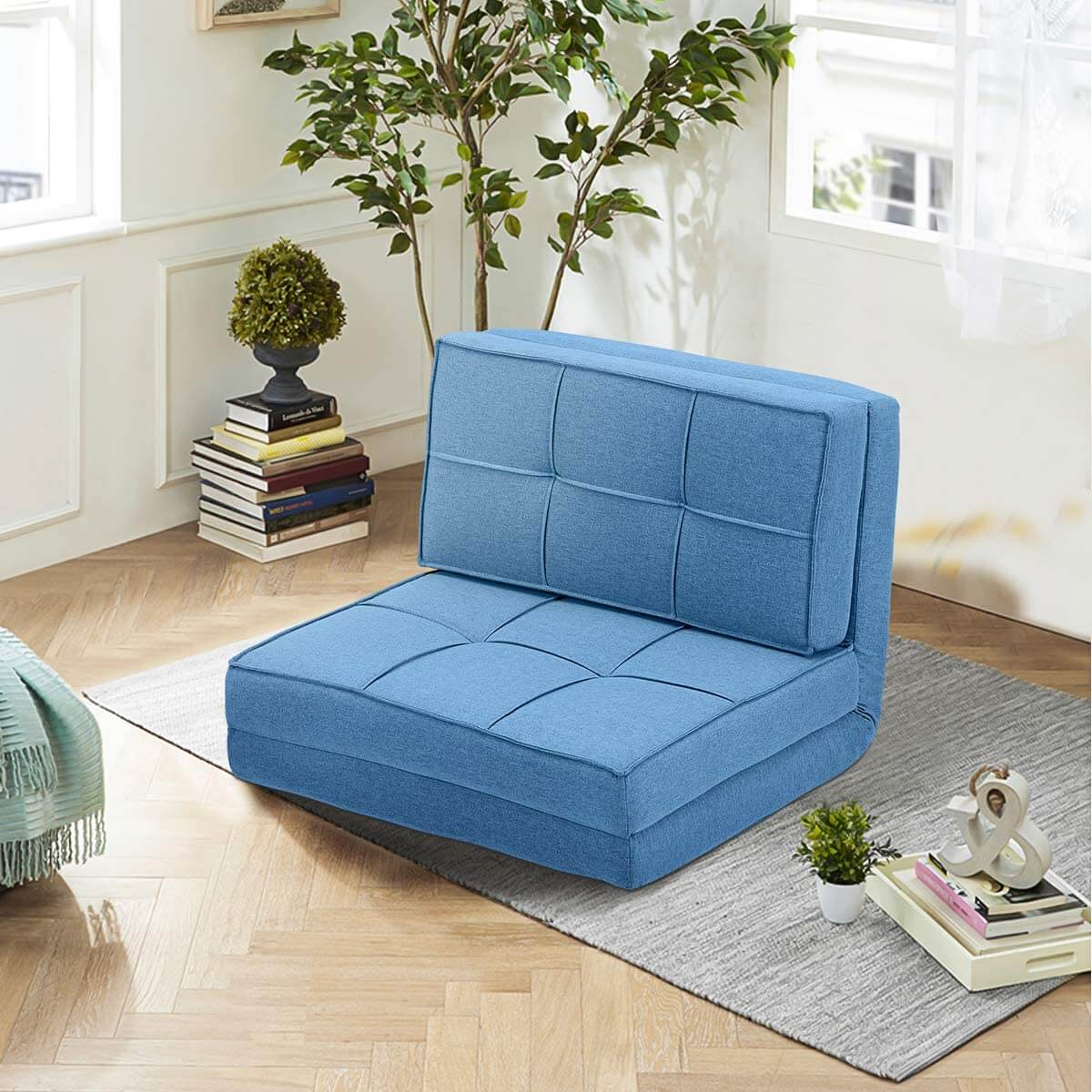Triple Fold Down Sleeper Sofa Bed, Adjustable Floor Couch Sofa for Living Room, Blue