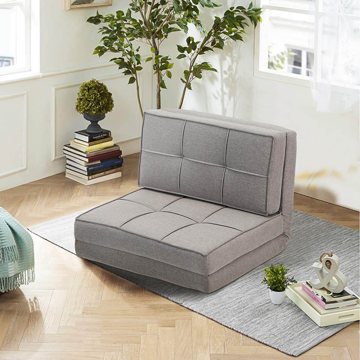 Triple Fold Down Sofa Bed, Adjustable Floor Couch Sofa, Grey