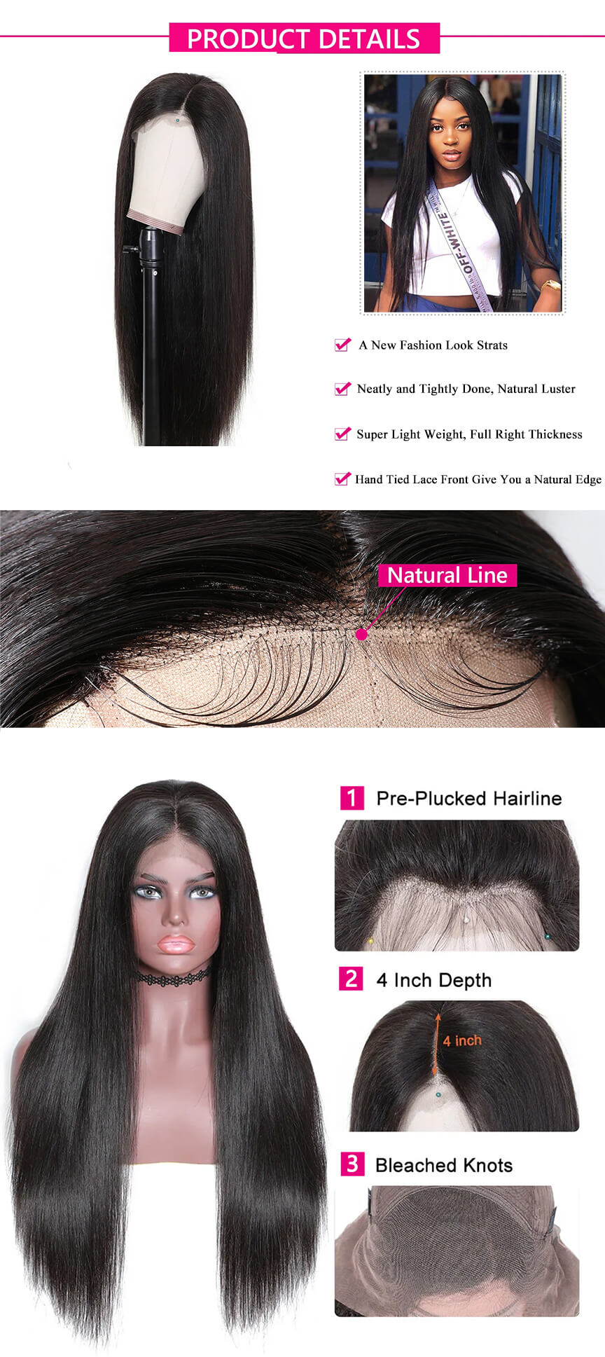 Rosebony Straight Hair Lace Front Wig Human Hair Detail Description