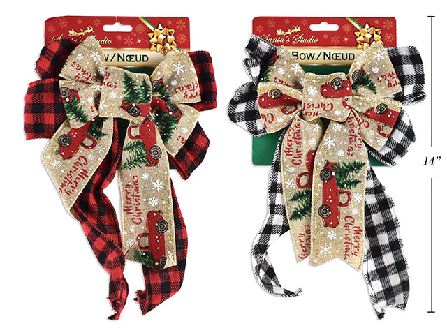 Carton Of 12 Buffalo Plaid Christmas Truck Fabric Bow Small