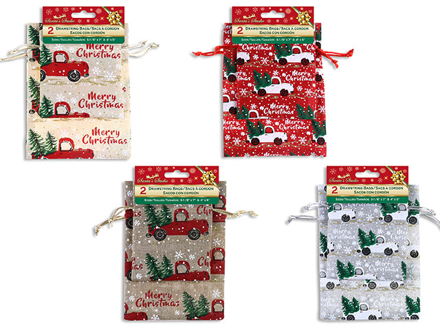 Carton Of 24 Christmas Truck Printed Burlap Drawstring Bag