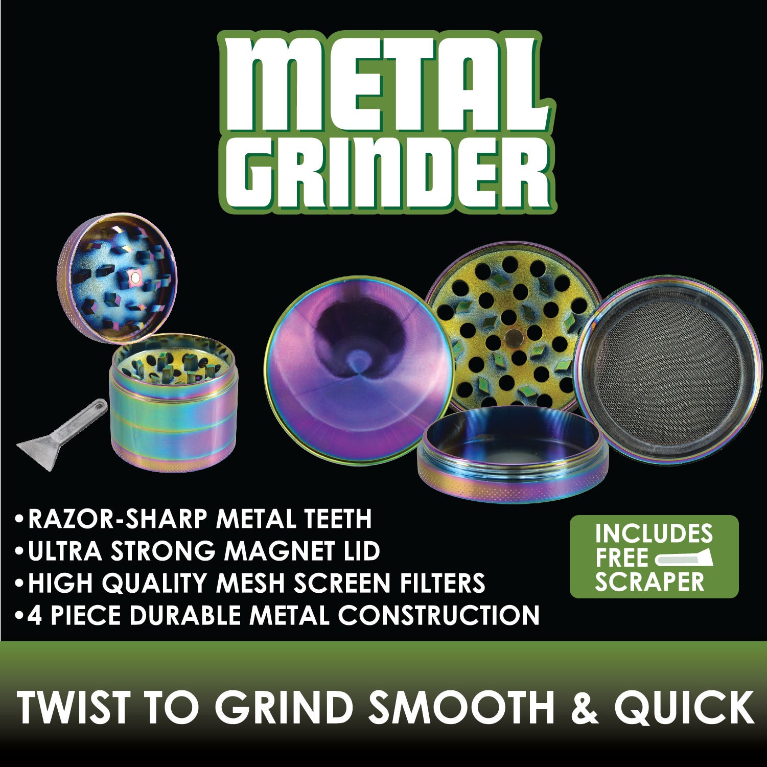 Metal 4 Piece Rainbow Grinder with Magnetic Closure- 6 Pieces Per Retail Ready Display 22522