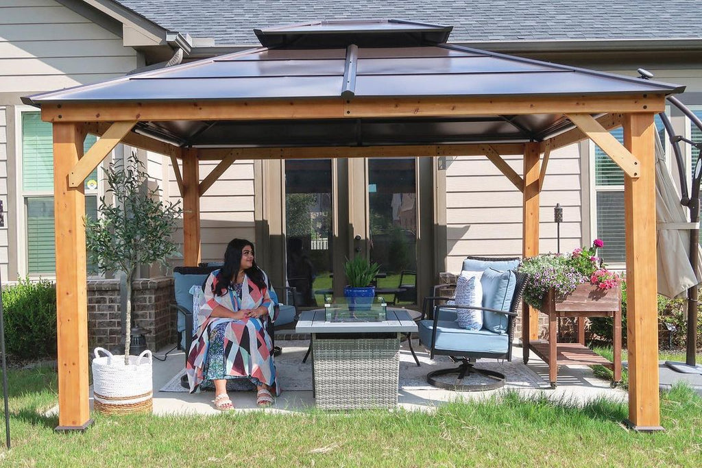Sunjoy Outdoor Patio 11x13 Brown 2-Tier Wooden Frame Backyard Hardtop Gazebo with Ceiling Hook