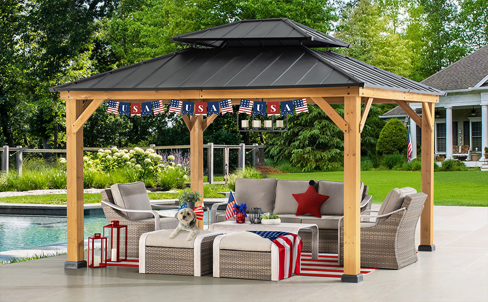 Sunjoy Outdoor Patio 11x13 Black 2-Tier Wooden Frame Backyard Hardtop Gazebo with Ceiling Hook