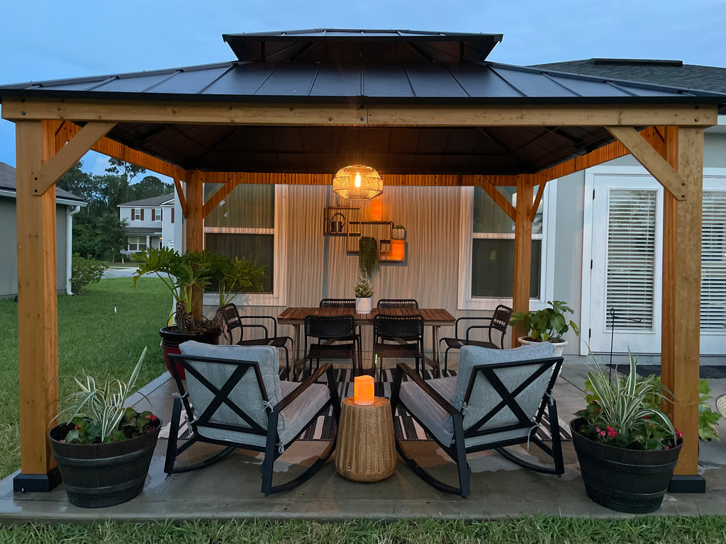 Sunjoy Outdoor 11x13 Black 2-Tier Wooden Frame Backyard Hardtop Gazebo with Ceiling Hook.