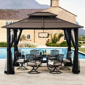 Sunjoy 10 ft. x 12 ft. Brown 2-Tier Steel Hardtop Gazebo with Ceiling hook and Netting