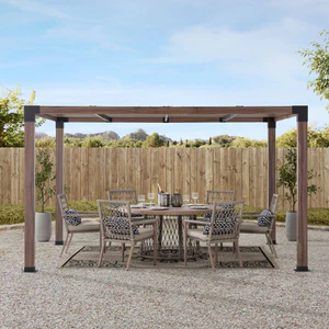 Sunjoy Outdoor Patio 10x12 Modern Black Metal Frame Pergola Kit with Nature Wood Grain Finish