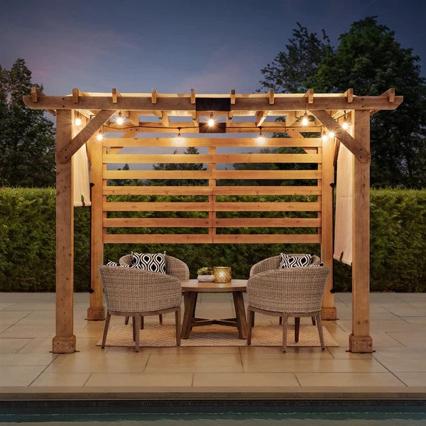 Sunjoy Outdoor Patio 10x11 Modern Wooden Frame Privacy Screen Hot Tub Pergola Kit with Tan Adjustable Canopy