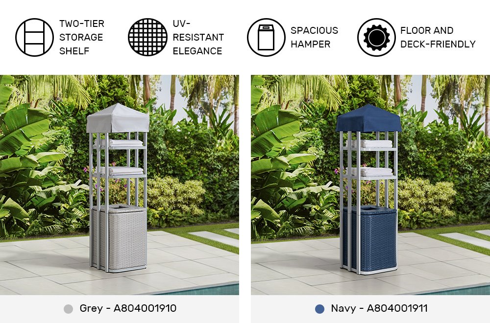 SUNJOY Pickford Aluminum Pool Towel Valet Tower with Shelves and Wicker Storage Basket