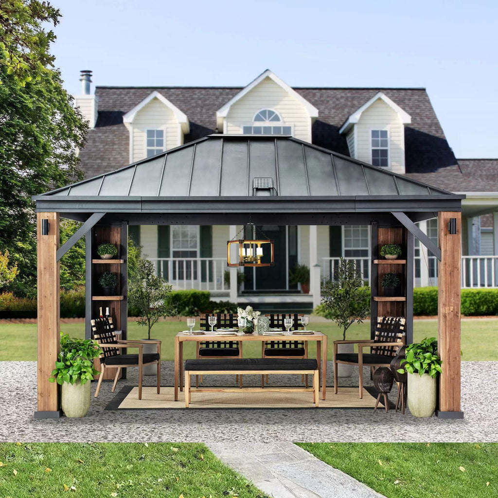 Sunjoy Outdoor Patio 12x14 Solar Powered Backyard Hardtop Wooden Gazebo