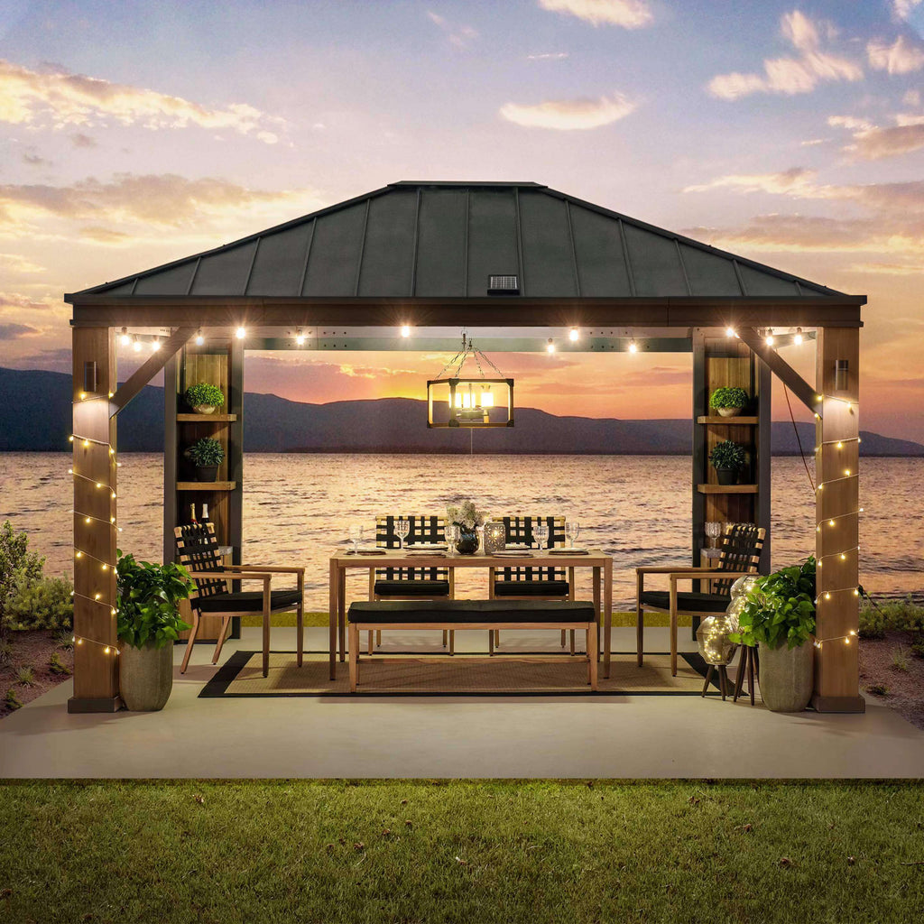 Sunjoy Outdoor Patio 12x14 Solar Powered Backyard Hardtop Wooden Gazebo with LED Light and Bluetooth Sound