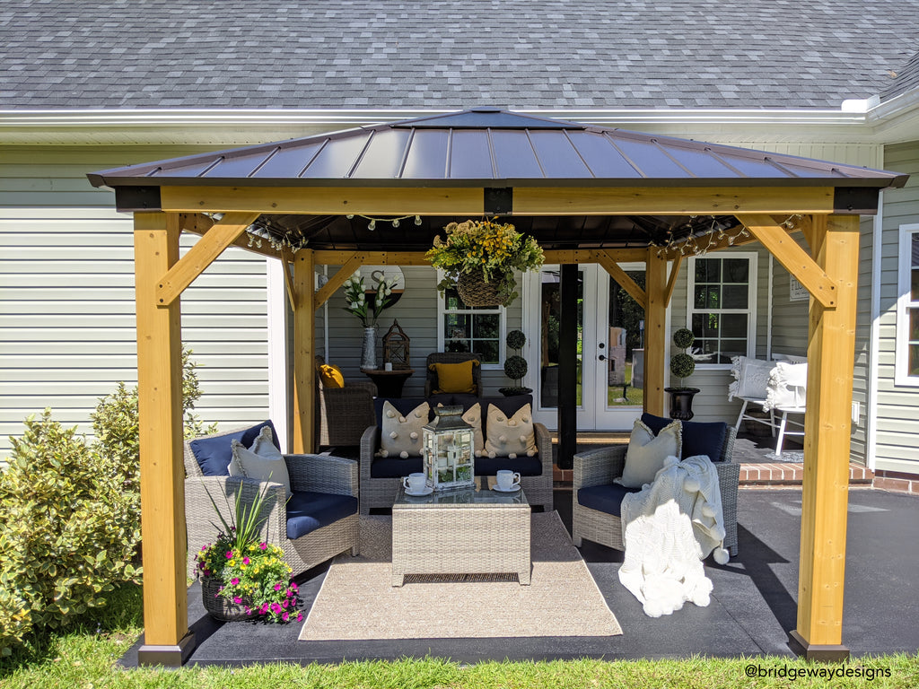 Sunjoy Outdoor Patio 11x11 Wooden Frame Backyard Hardtop Gazebo with Ceiling Hook