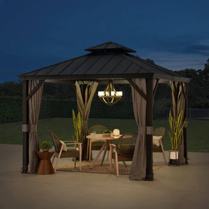 SummerCove 10x12 Hardtop Gazebo, Outdoor Patio Aluminum Frame Gazebo with Solar Panel, 2-Tier Steel Hardtop Backyard Gazebo with Netting and Ceiling Hook