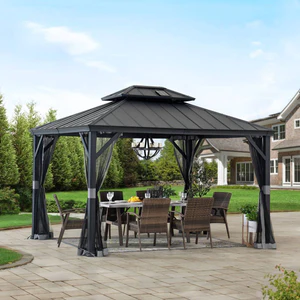 SummerCove 10x12 Hardtop Gazebo, Outdoor Patio Aluminum Frame Gazebo with Solar Panel, 2-Tier Steel Hardtop Backyard Gazebo with Netting and Ceiling Hook