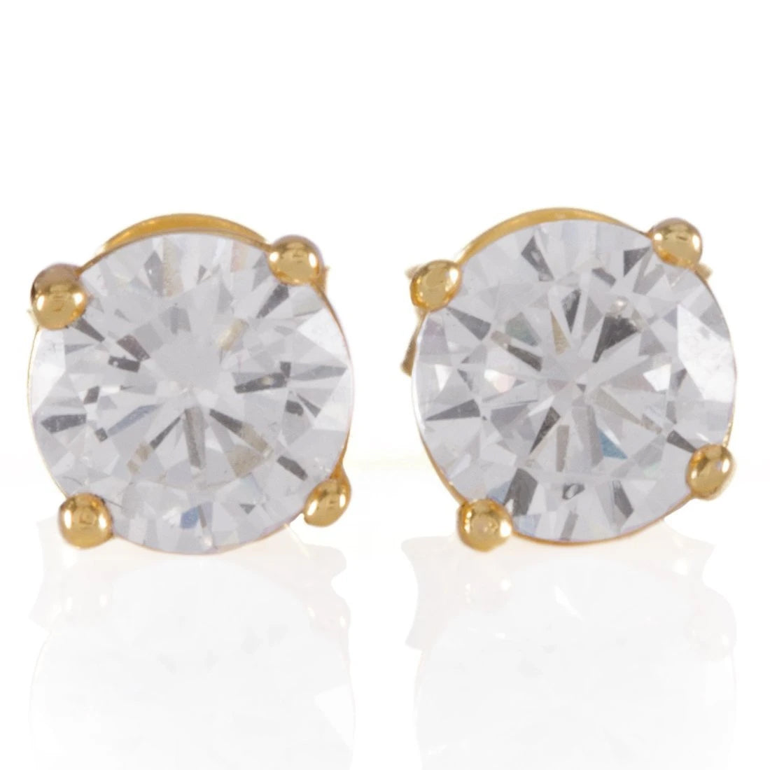KING ICE .925 STERLING SILVER GOLD CLEAR ROUND STUD EARRINGS