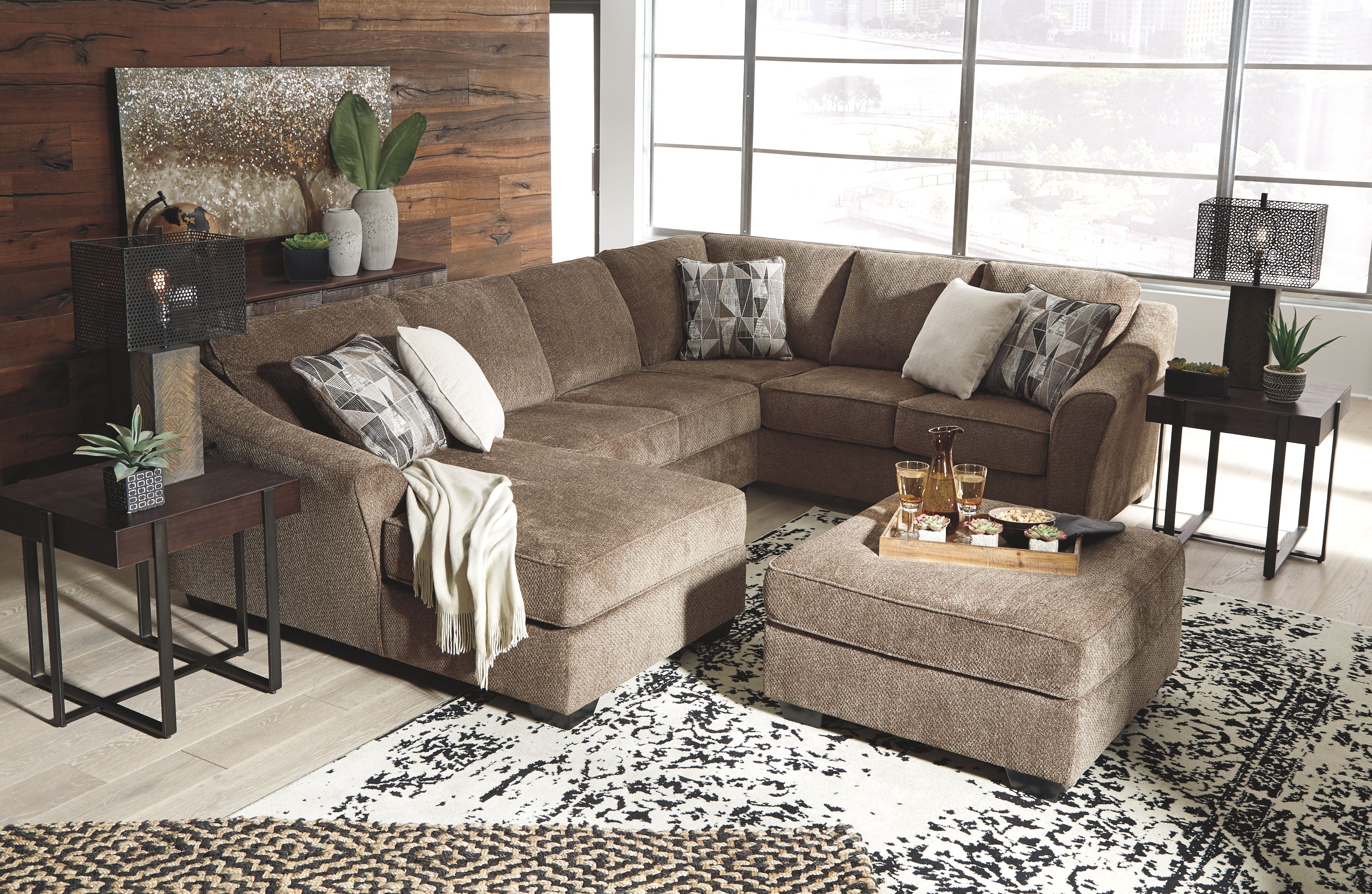 Graftin Teak Brown Sectional - Textured Chenille, Removable Cushions, Modern