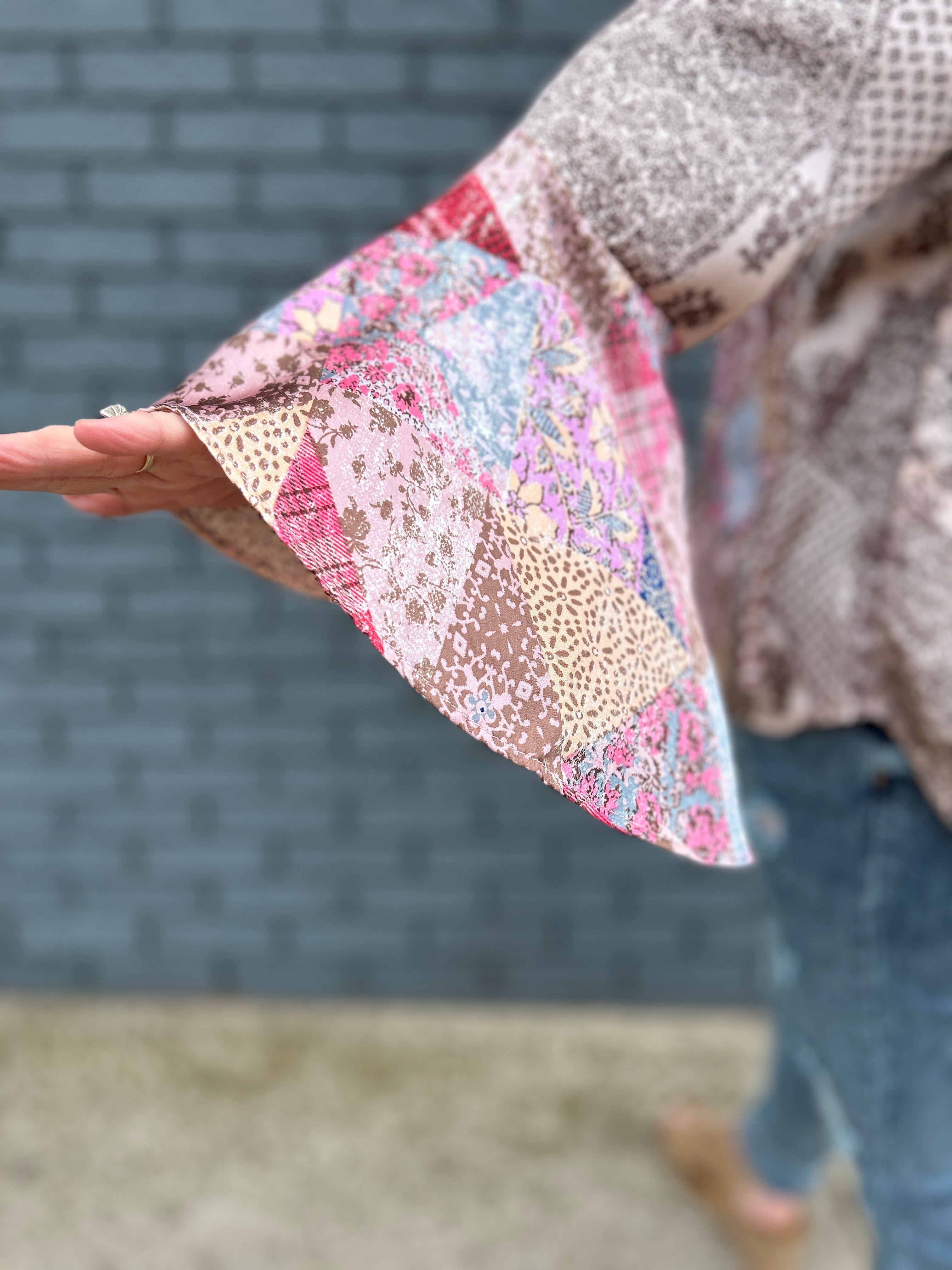 Mixed Print Bell Sleeve Shirt