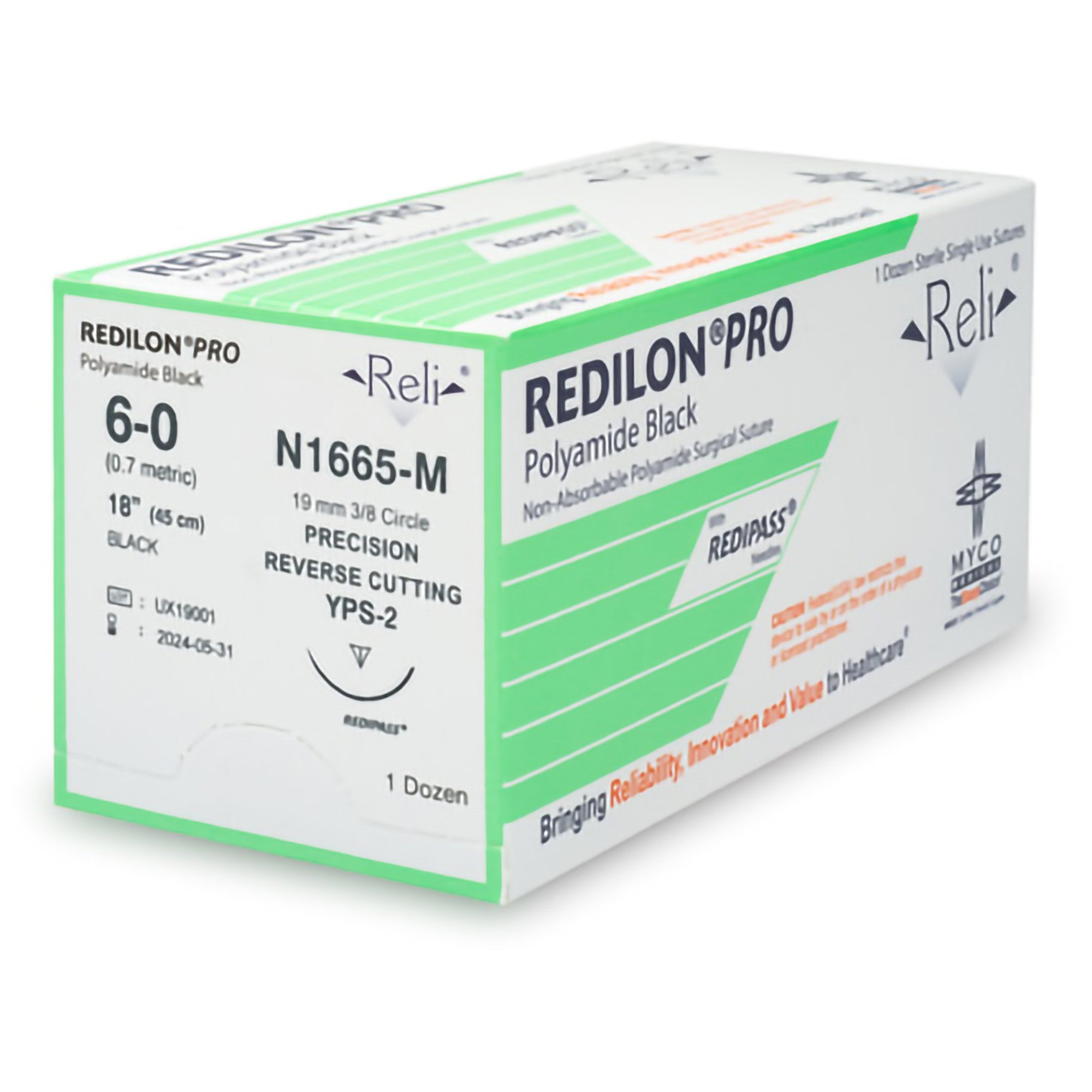 Nonabsorbable Suture with Needle Reli Redilon Nylon MPS-3 3/8 Circle Conventional Cutting Needle Size 6 - 0 Monofilament