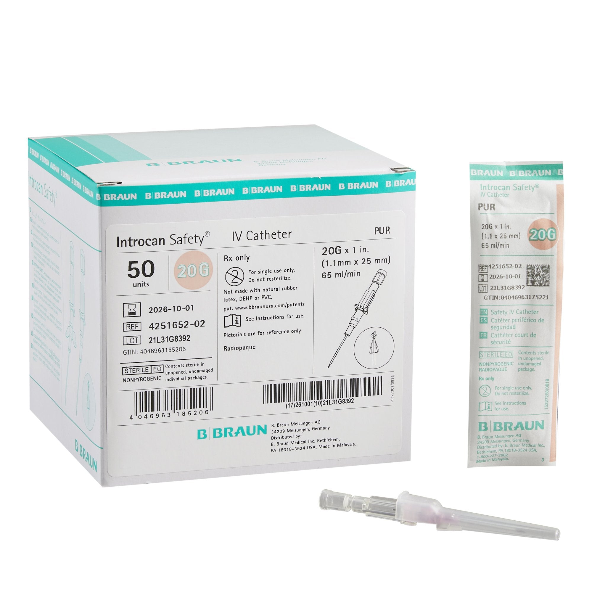 Peripheral IV Catheter Introcan Safety 20 Gauge 1 Inch Sliding Safety Needle
