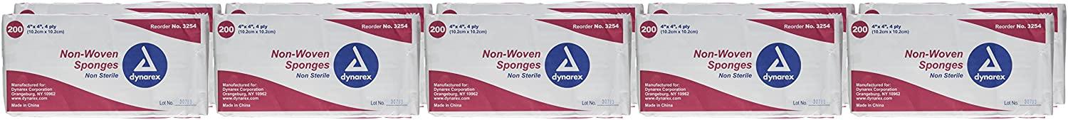 Dynarex Non-Sterile Non Woven Sponge, 4x4 Inch, 200 Count