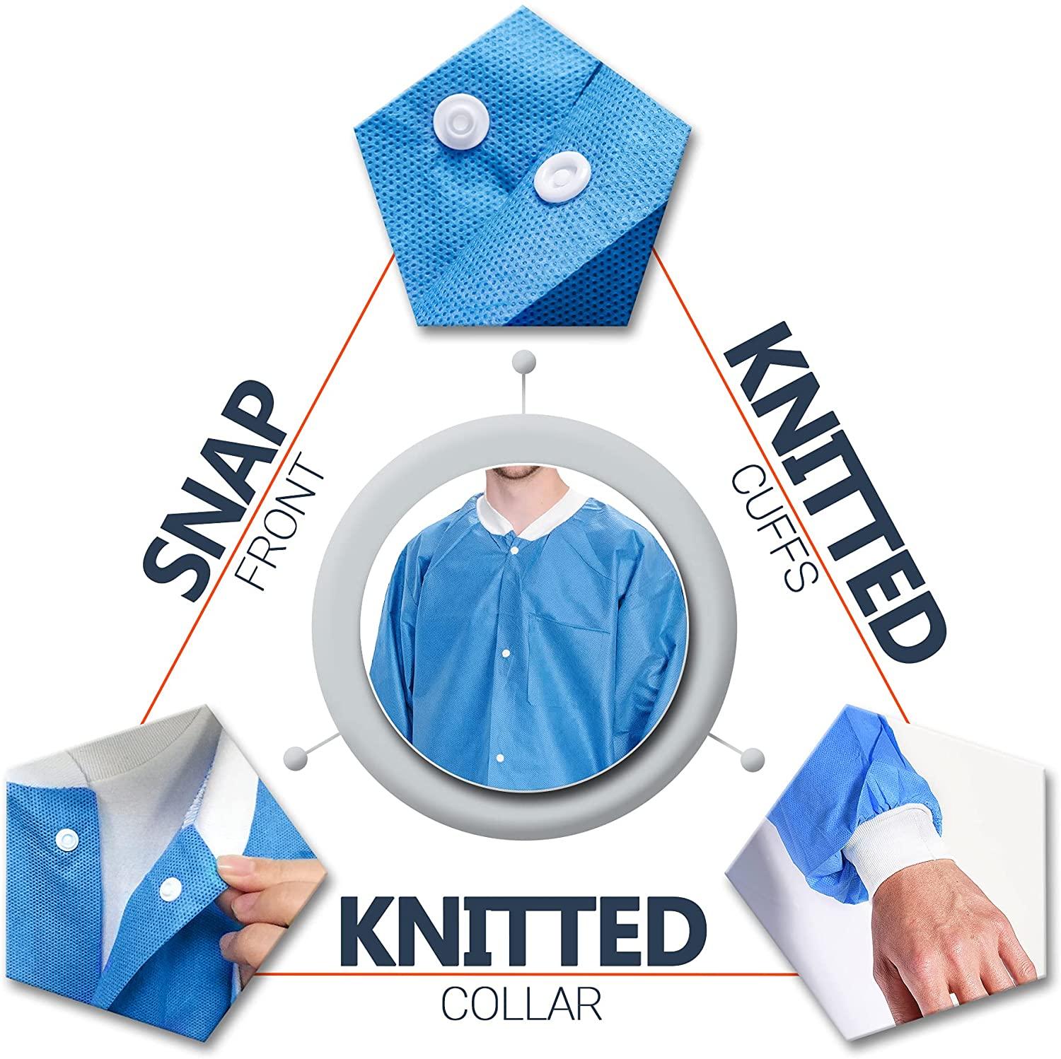 High Performance SMS Disposable Blue Lab Coat With Knit Cuffs and Collar - Pack of 10