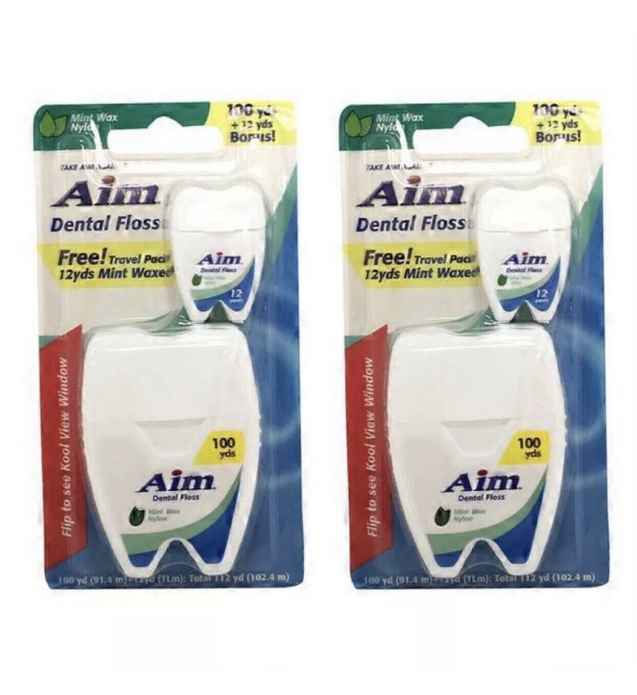 Aim Non-shred Mint Waxed Dental Floss 100 Yards Nylon+ 12 Yard Travel Pack