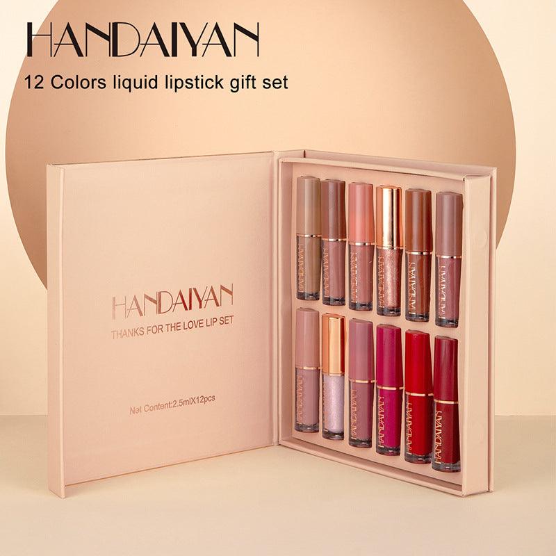 HANDAIYAN 12 Color Lip Gloss Set Liquid Lipstick Set Matte Pearlescent Non-Stick Cup Lip Gloss