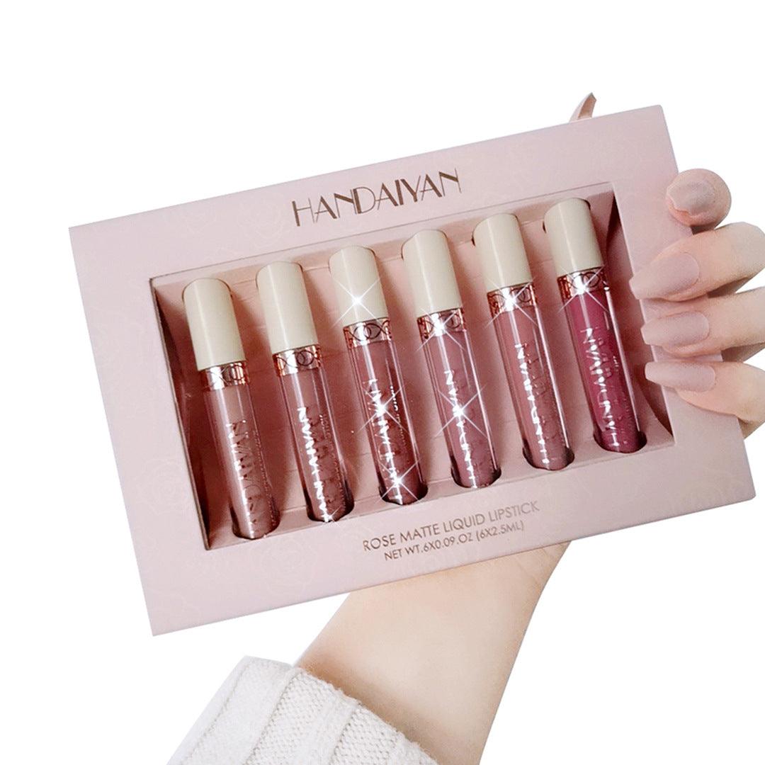 HANDAIYAN 6 Matte Rose Lip Gloss Liquid Lipstick Not Easy to Dip Cup Matte Lip Gloss Set Gift Box