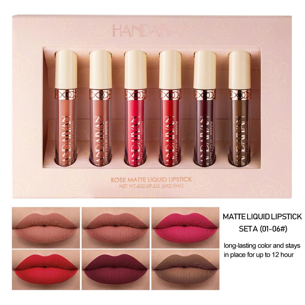 HANDAIYAN 6 Matte Rose Lip Gloss Liquid Lipstick Not Easy to Dip Cup Matte Lip Gloss Set Gift Box