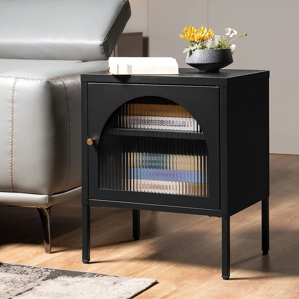 Modern Corrugated Glass Nightstand, Bedside Table Matte Black Finish Night Stand with Cold-Rolled Steel Frame Adjustable Storage Cabinet End Table for Bedroom Living Room