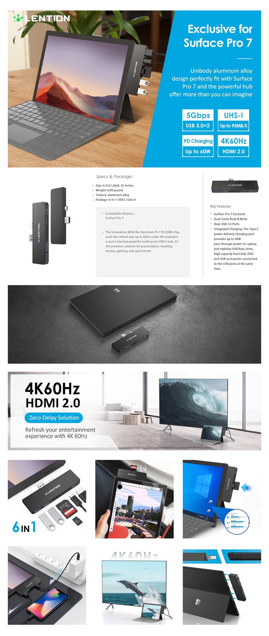 Lention 6 In 1 Usb C Hub For Surface Pro 7 Lention Lention Build Up Your Best Workstation