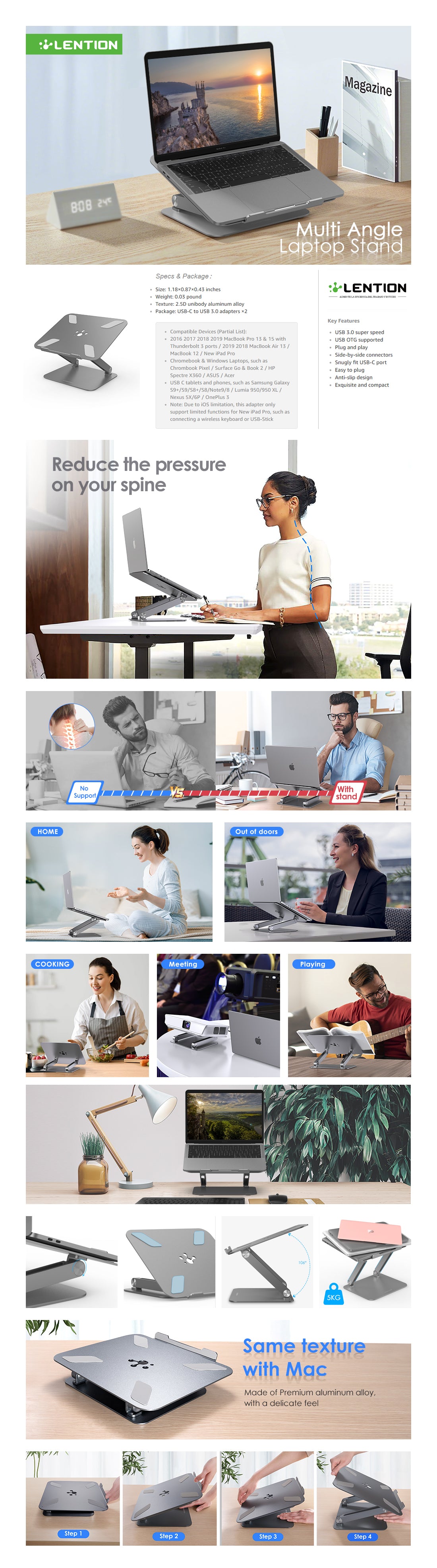 Laptop placed on LENTION L5 stand at a working angle