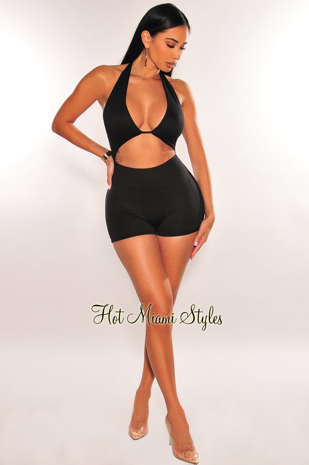 Black Halter V Neck Cut Out Romper