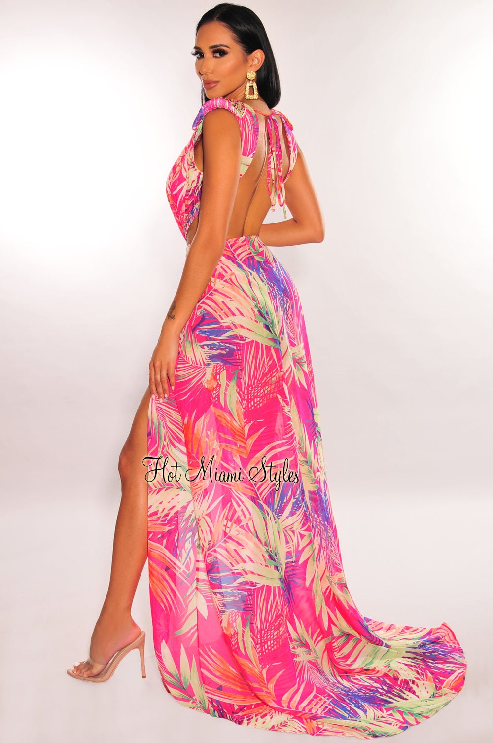 Fuchsia Tropical Print Plunge Studded Maxi Skirt Two Piece Set