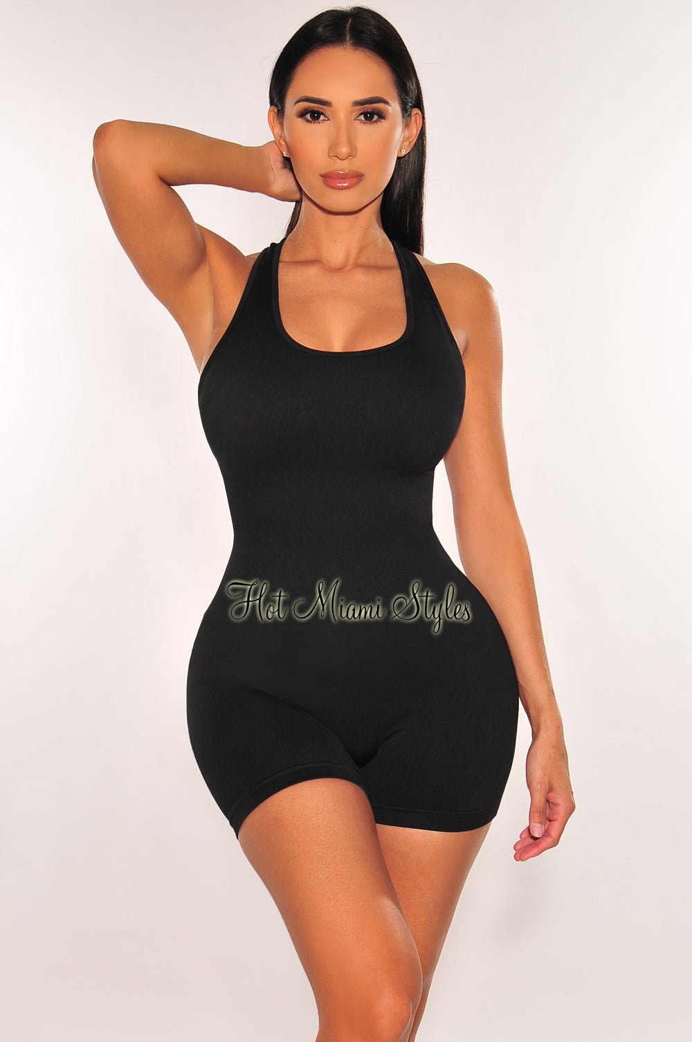 HMS Fit: Black Sleeveless Round Neck Snatched Romper