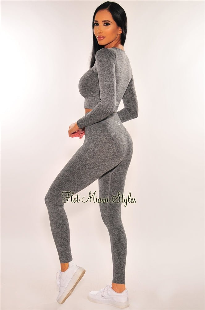 HMS Fit: Gray Marl Ribbed Seamless Long Sleeves Leggings Two Piece Set