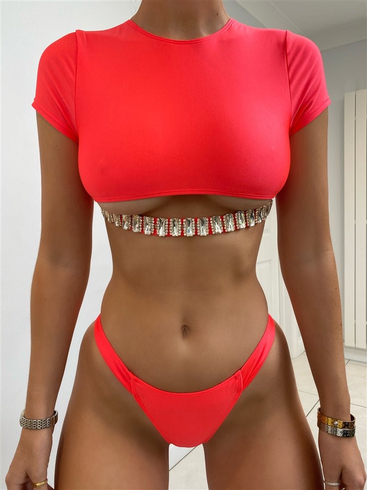 Neon Coral Diamond Cut Out Crop Top Bikini Bottom