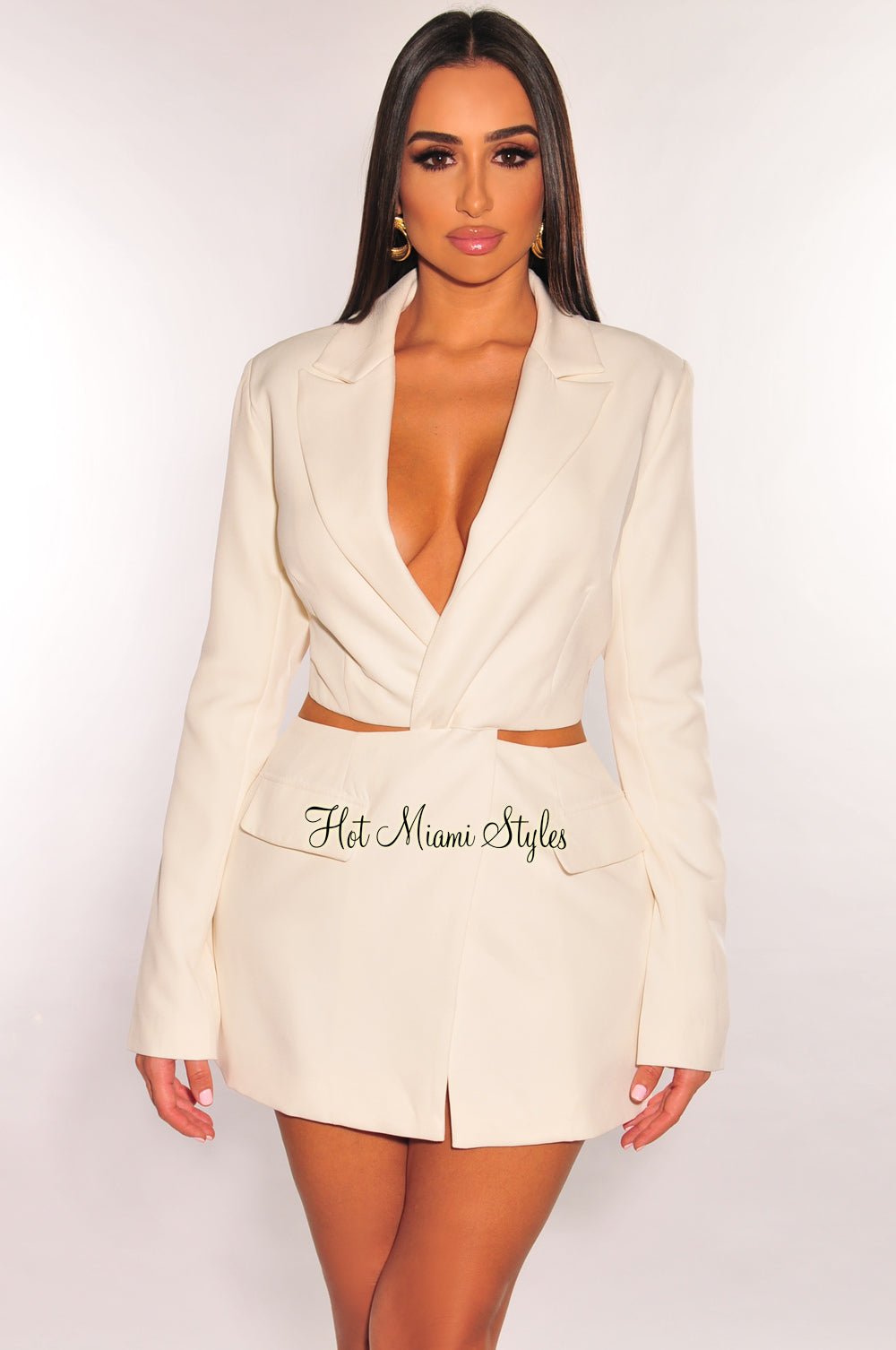Off White Collared Cut Out Long Sleeve Slit Blazer Dress