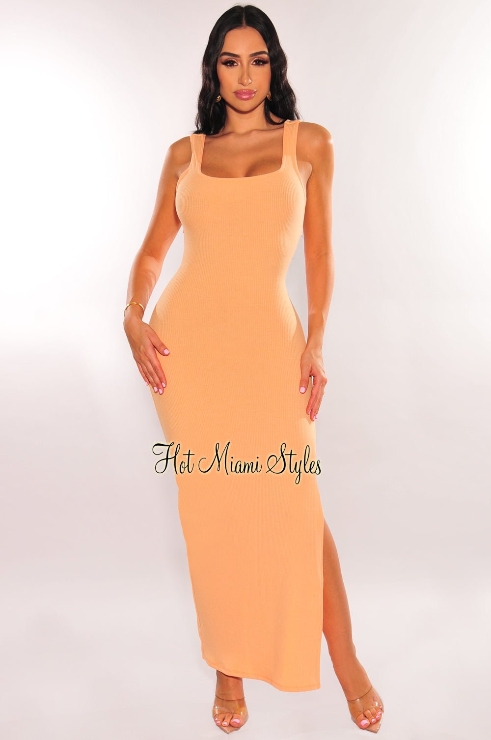 Peach Ribbed Cut Out Knotted Back Maxi Dress