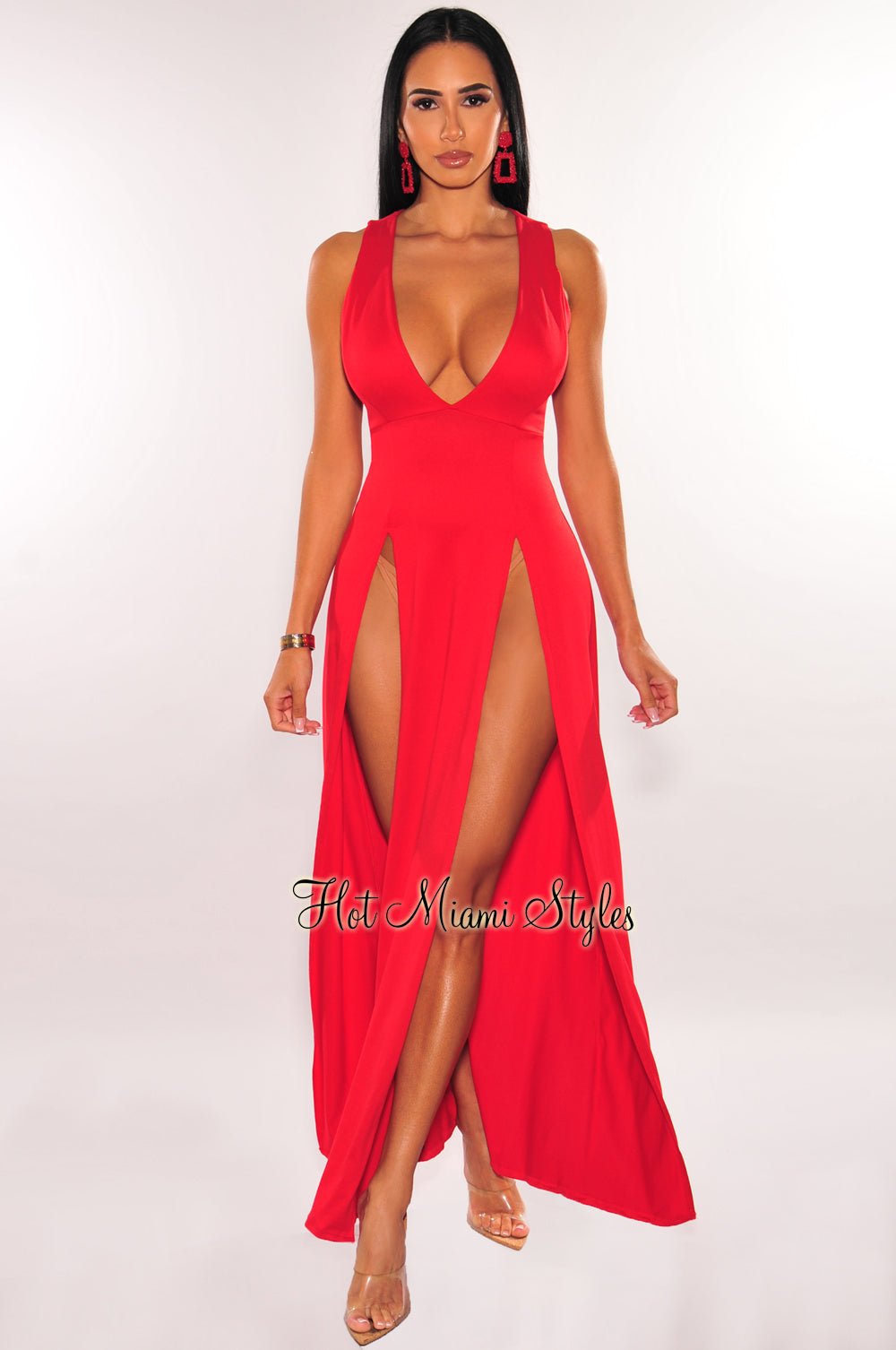 Red Sleeveless V Neck Double Slit Cover Up Maxi Dress